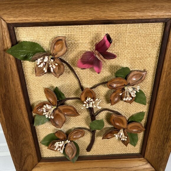 Vintage 70s Mid-Century Peach Pit Nut Shell Art Wall Hang Flowers Framed MCM - Picture 2 of 8